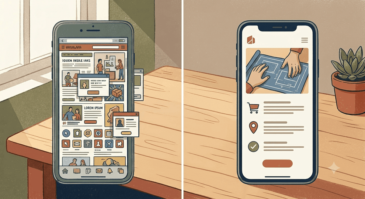 Comparison of a cluttered, confusing website layout next to a clean, easy-to-use mobile design
