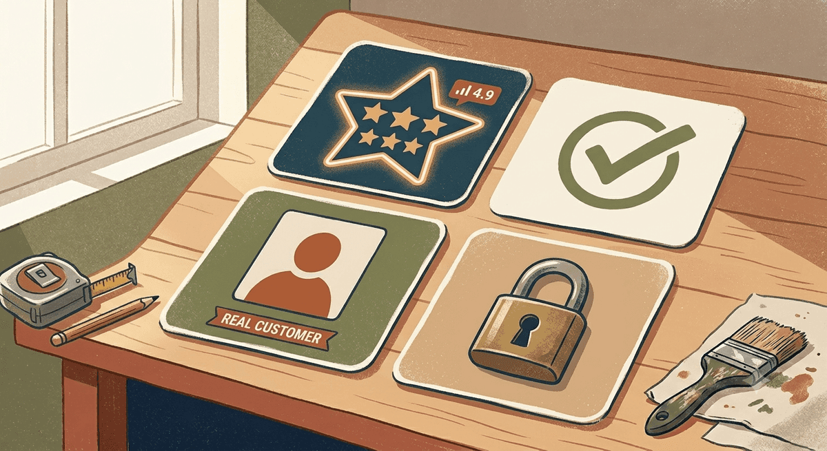Trust signals for a local service business: five-star reviews, a verified checkmark, a customer photo, and a secure padlock
