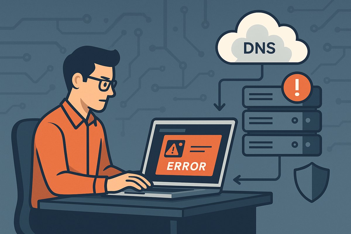 DNS troubleshooting illustration showing developer fixing ISP blocking and server connectivity issues