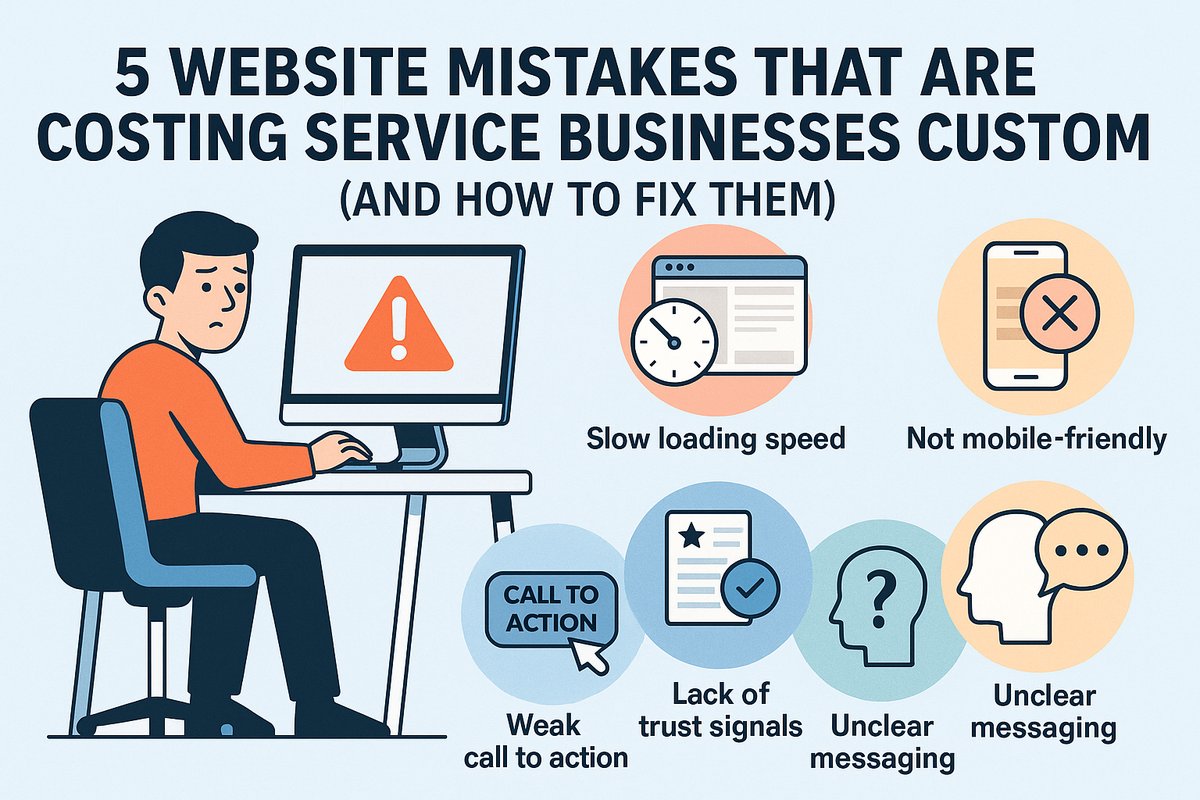 Infographic showing 5 website mistakes costing service businesses customers: slow loading speed, not mobile-friendly, weak call to action, lack of trust signals, and unclear messaging, with frustrated business owner at computer
