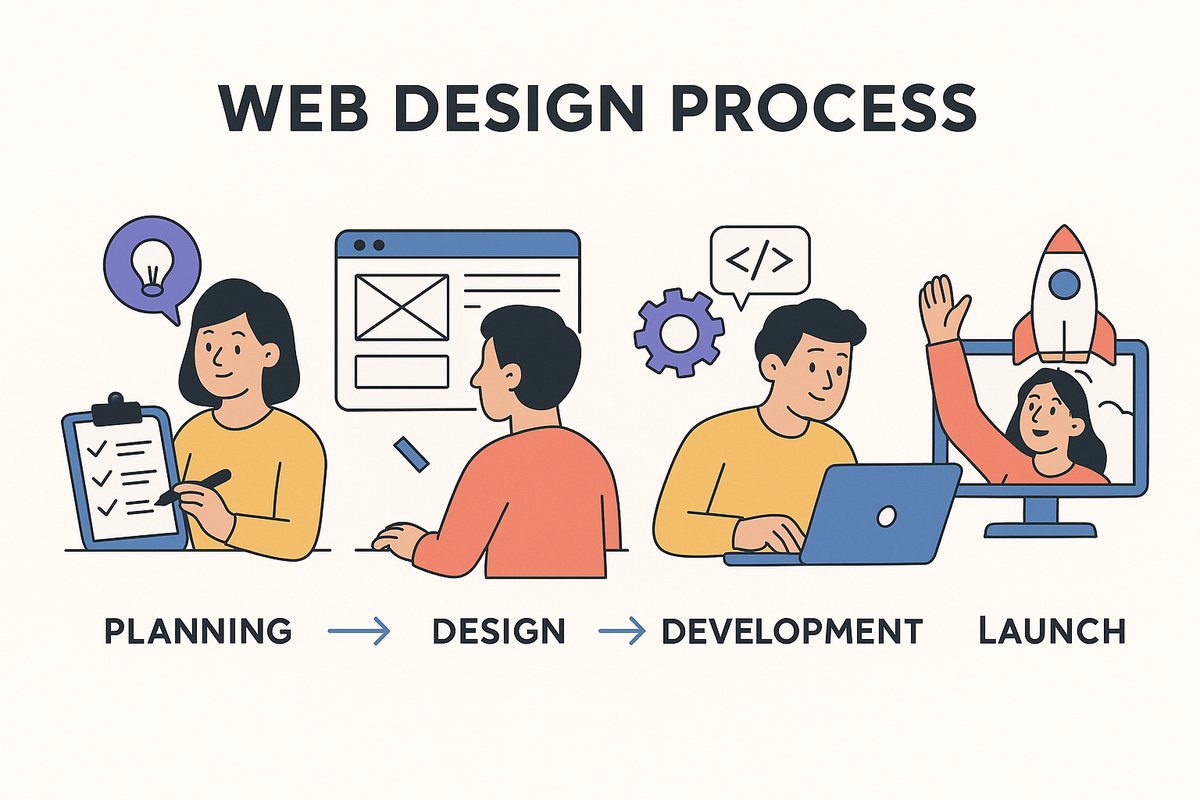 Web design process illustration showing four steps: Planning (woman with checklist and lightbulb), Design (person working on website wireframe), Development (man coding with gear icon), and Launch (woman with rocket and computer screen)
