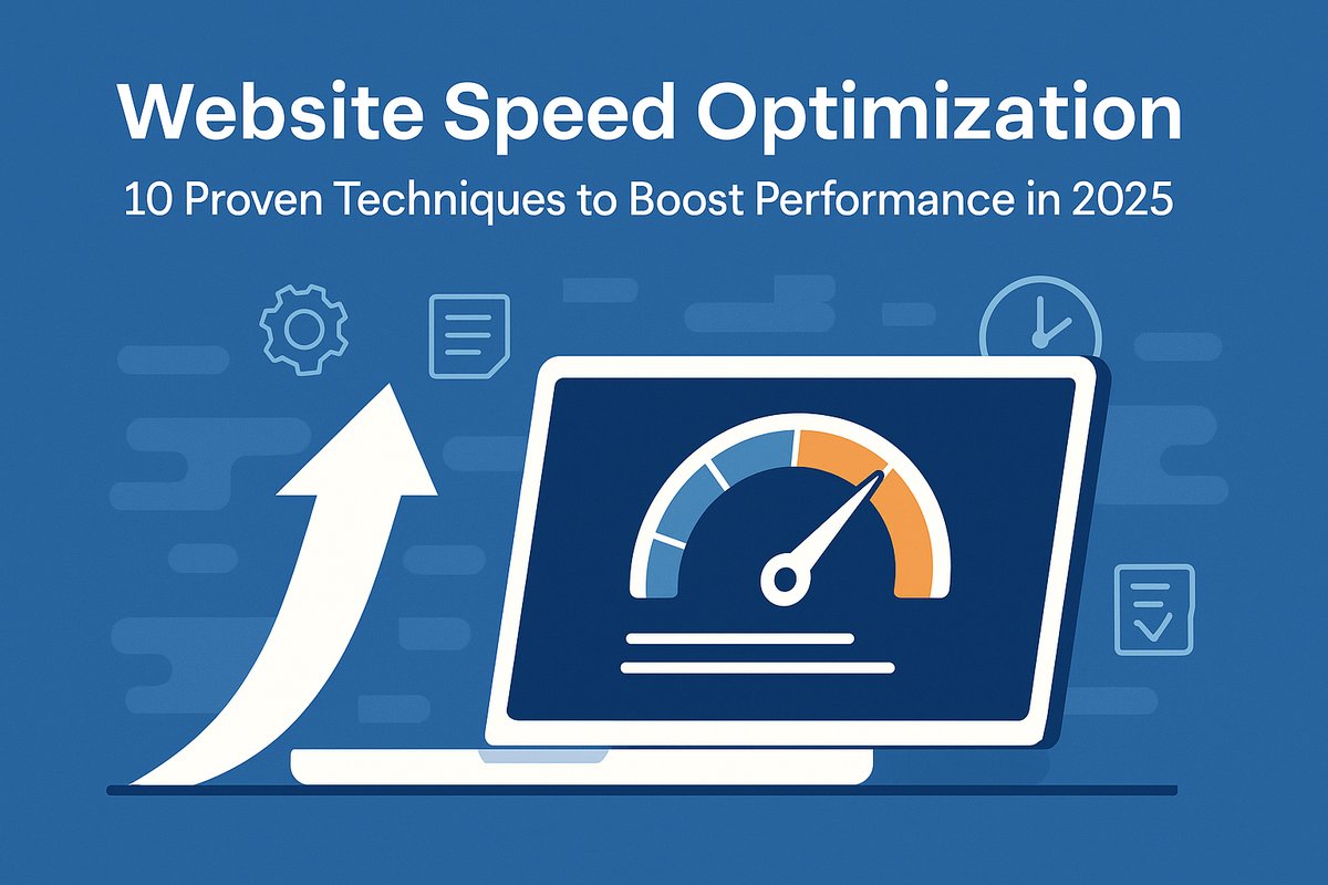 Illustration of a laptop screen displaying a speedometer with the needle in the high-performance zone, surrounded by icons for optimization, time, and documents, with a large upward arrow symbolizing website speed improvement. Text reads: “Website Speed Optimization: 10 Proven Techniques to Boost Performance in 2025.”