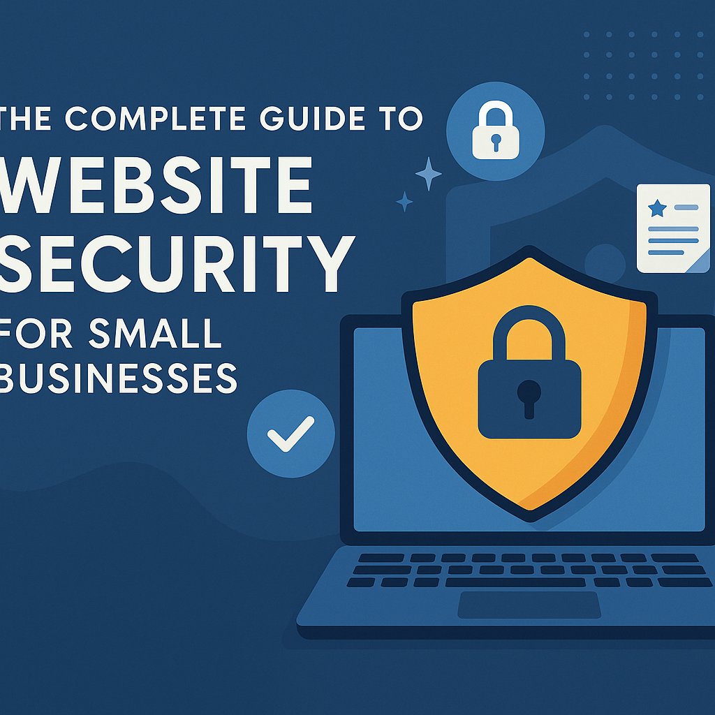 Flat-style illustration of a laptop with a golden shield and padlock symbol on the screen, representing strong website protection. Surrounding icons include a checkmark, padlock, and document, emphasizing the theme of cybersecurity for small businesses. Text reads: “The Complete Guide to Website Security for Small Businesses.”