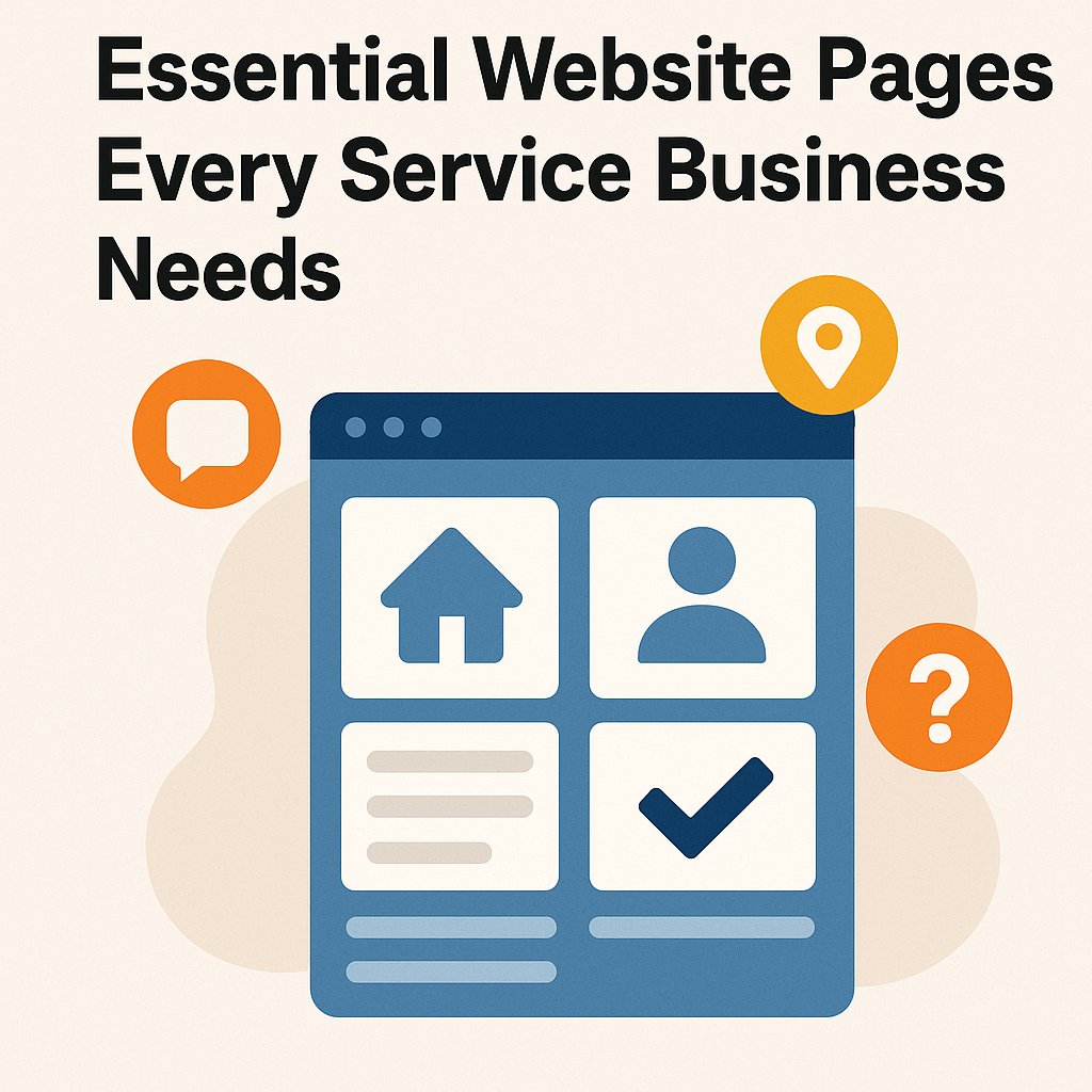 Flat-style infographic titled “Essential Website Pages Every Service Business Needs” featuring a stylized browser window with icons representing home, contact, user profile, and confirmation pages. Bright icons for communication, location, and inquiries emphasize key web elements against a clean beige background.