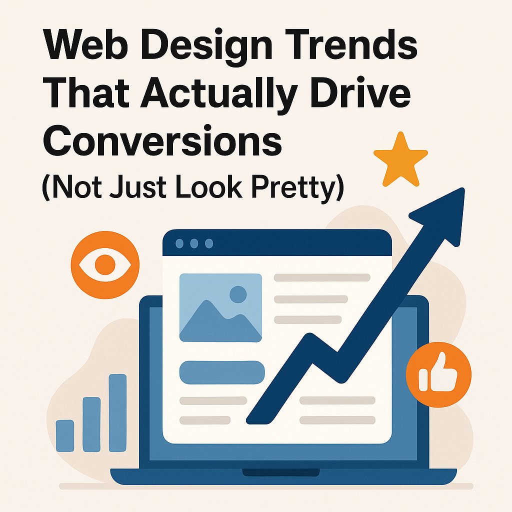 Flat-style illustration of a laptop screen displaying a webpage and a bold upward arrow symbolizing growth, surrounded by icons for visibility, engagement, and analytics. The headline reads “Web Design Trends That Actually Drive Conversions (Not Just Look Pretty)” on a clean background, emphasizing performance-focused design.
