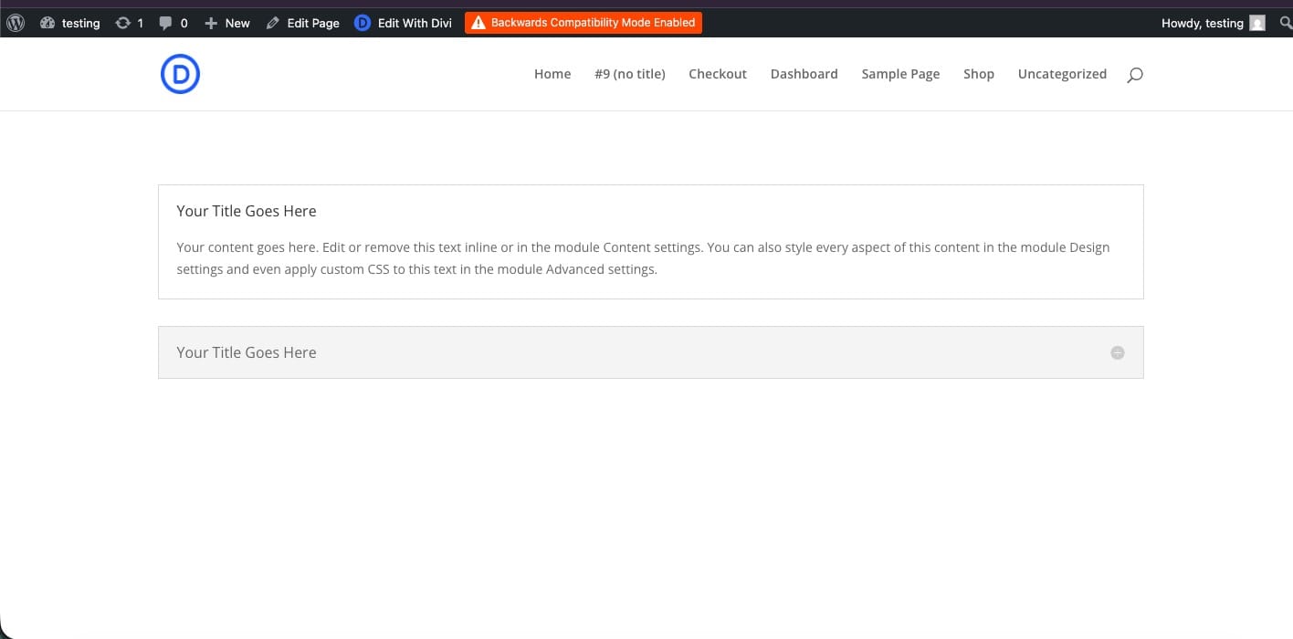 Divi 5 showing the Backwards Compatibility Mode Enabled banner, meaning the content is still running on the Divi 4 framework