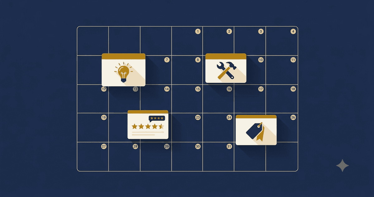 Google Business Profile posting monthly calendar Monthly Google Business Profile posting calendar with four themed content cards for each week