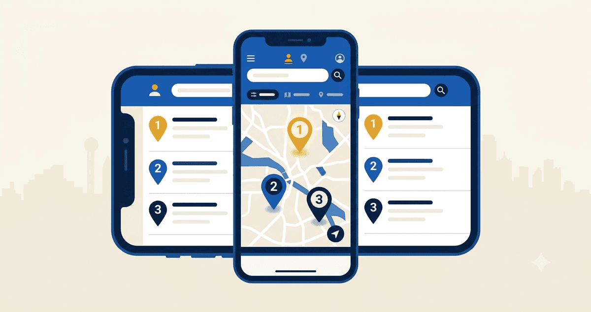 Google map pack for a DFW service business Smartphone showing the Google map pack with three local business results for a DFW service search