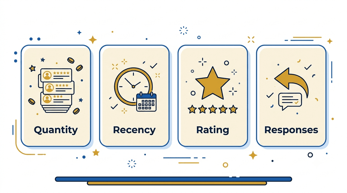 The four things Google weighs in reviews for local ranking: quantity, rating, recency, and owner responses