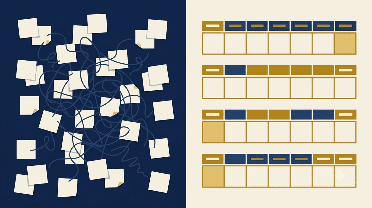 Scattered individual GBP posts on the left versus an organized monthly content plan on the right
