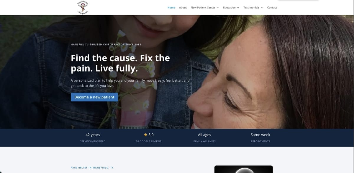 polson-family-chiropractic-homepage-redesign Polson Family Chiropractic homepage redesign by PC Designs, the Mansfield TX chiropractor ranking #1 on Google