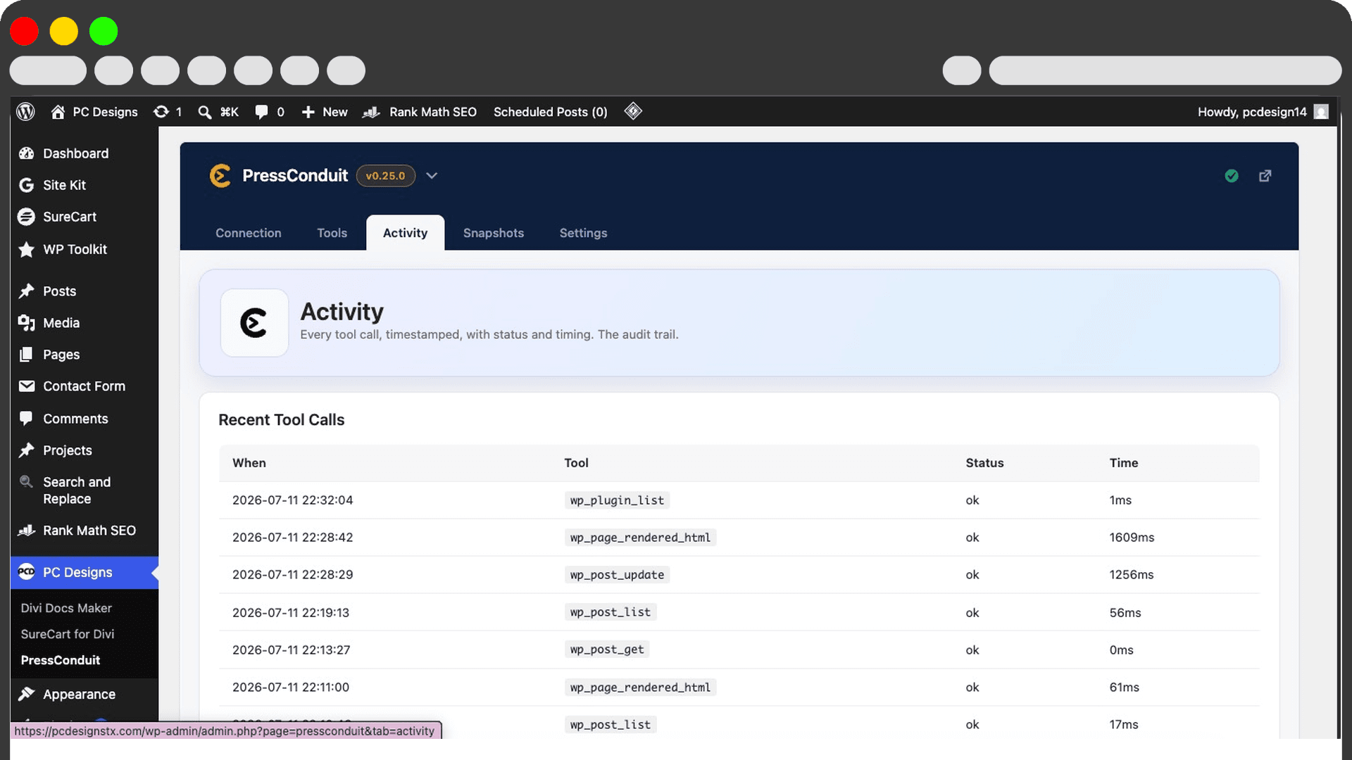 The PressConduit activity log, a timestamped audit trail