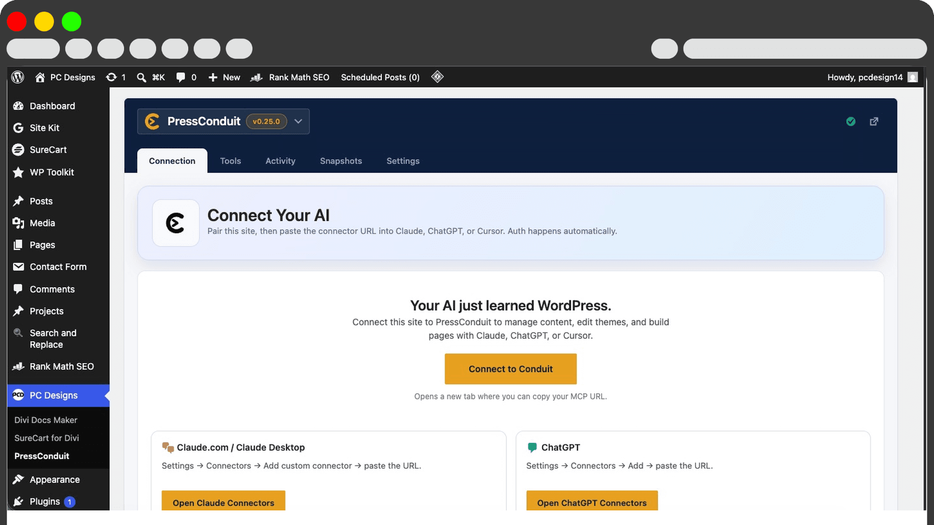 The PressConduit Connect Your AI screen
