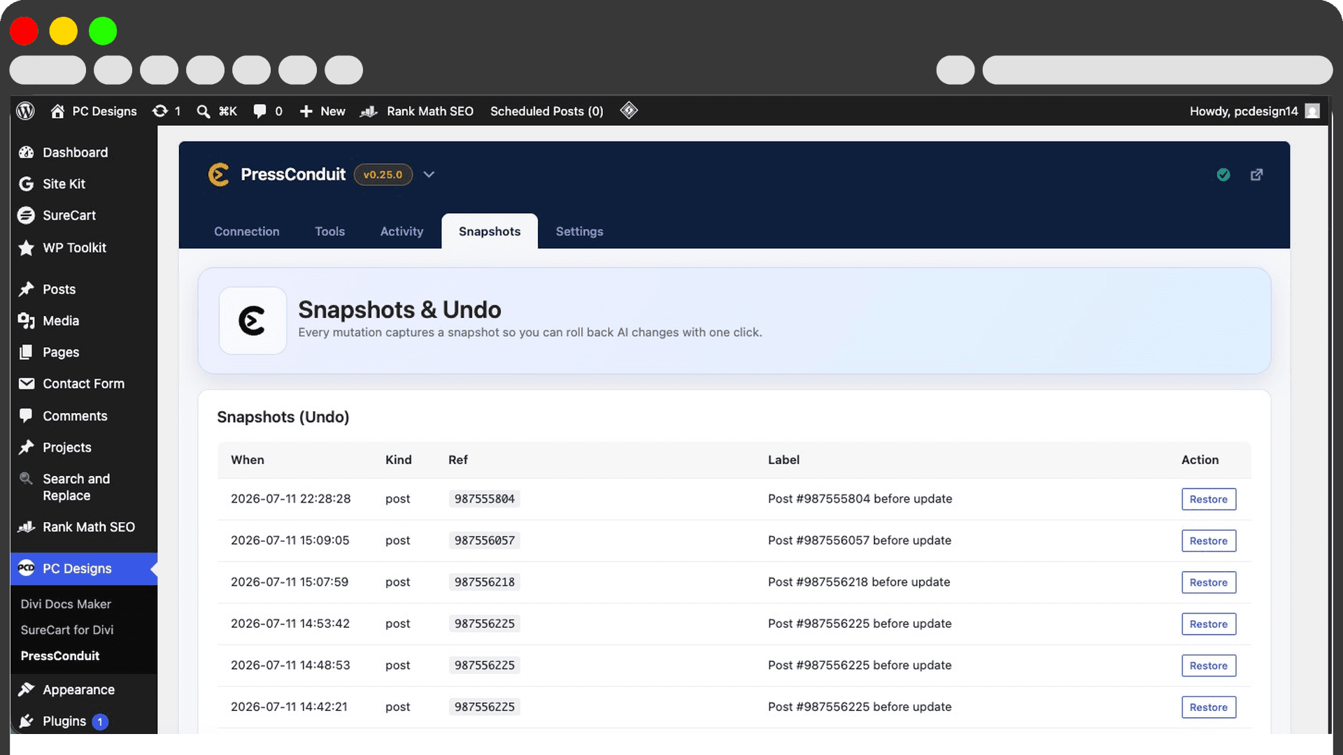 PressConduit Snapshots and Undo with one-click Restore buttons