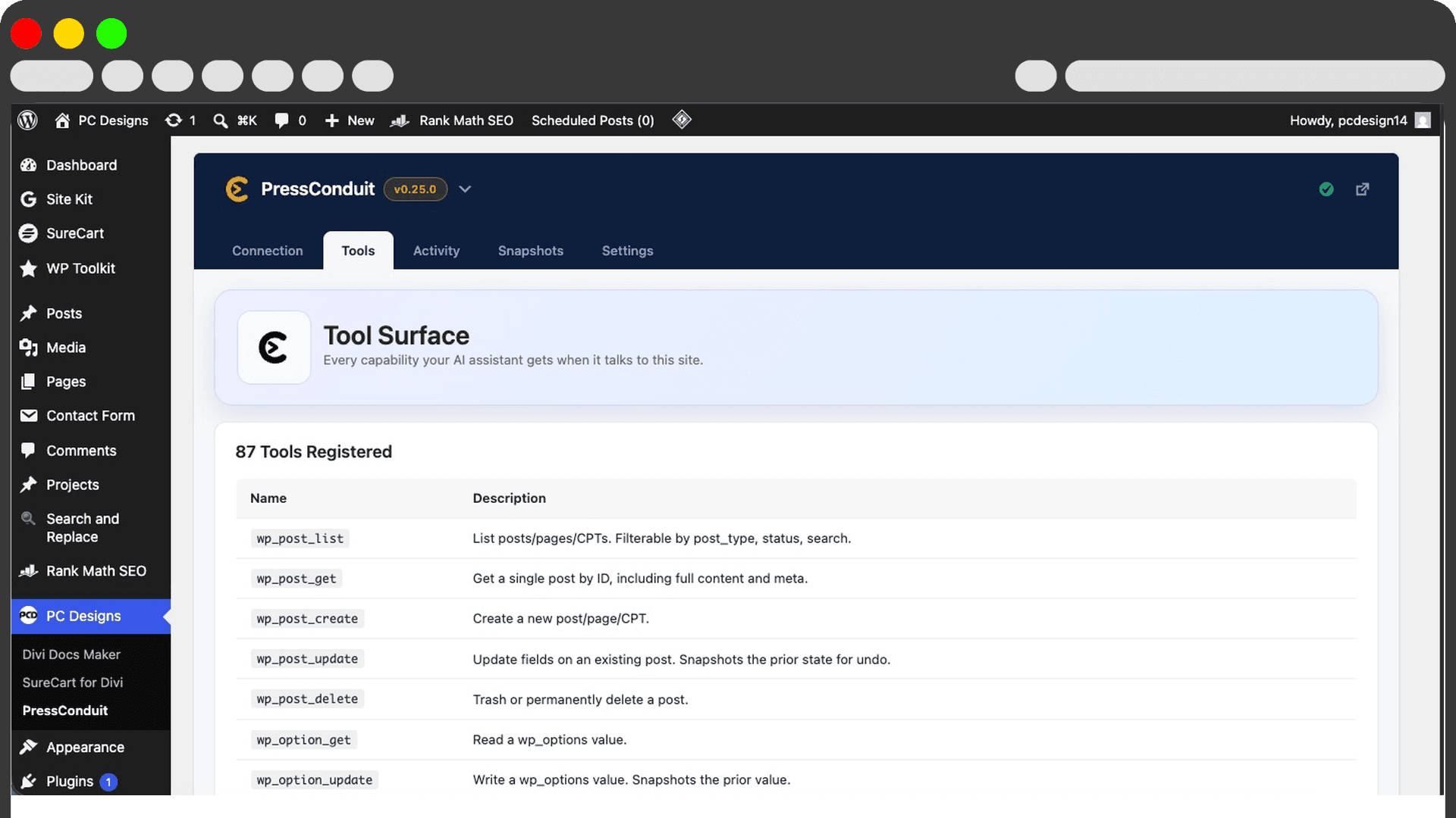 The PressConduit admin showing 87 tools registered