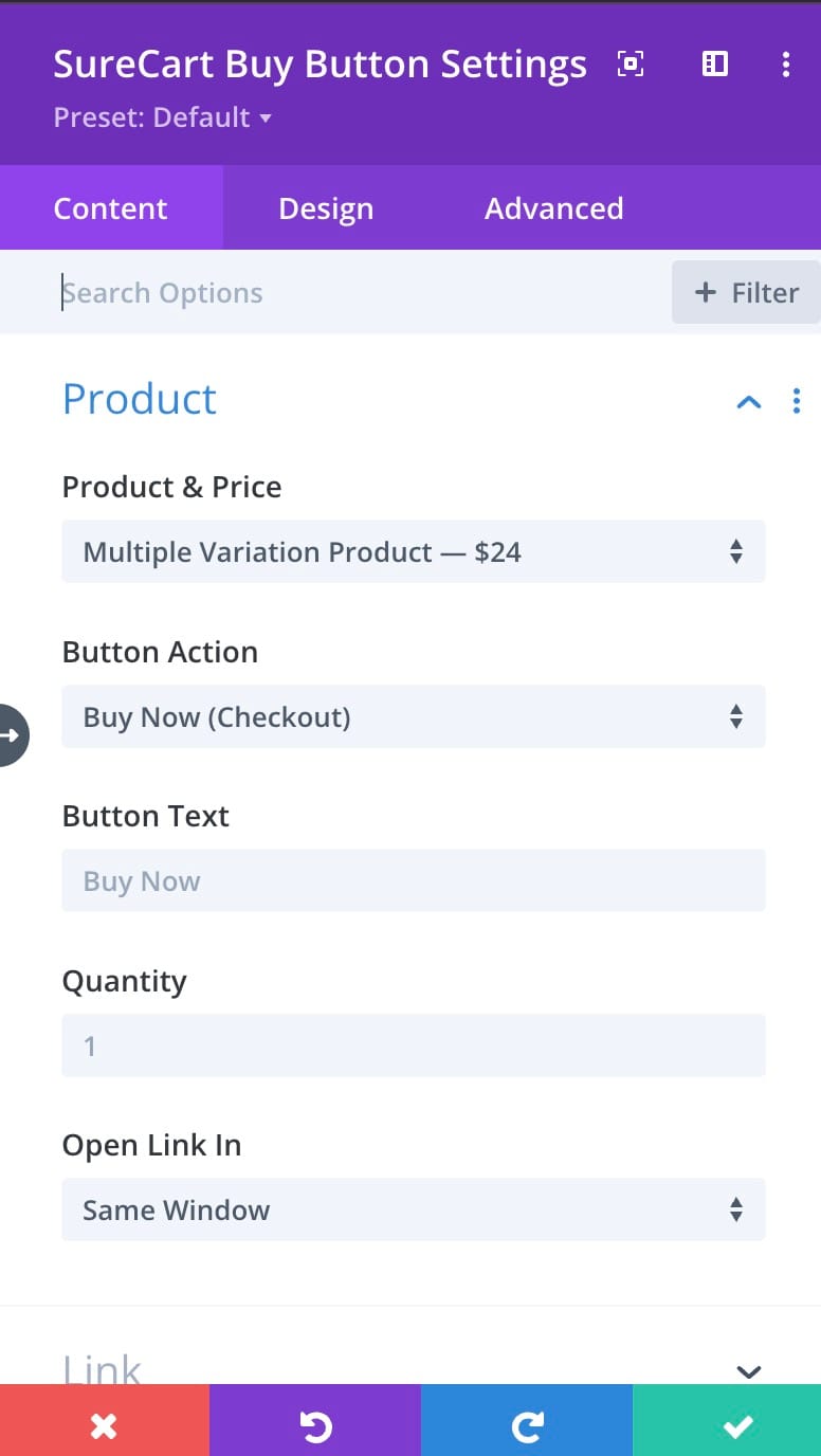 SureCart Buy Button settings SureCart Buy Button module settings panel in the Divi Builder