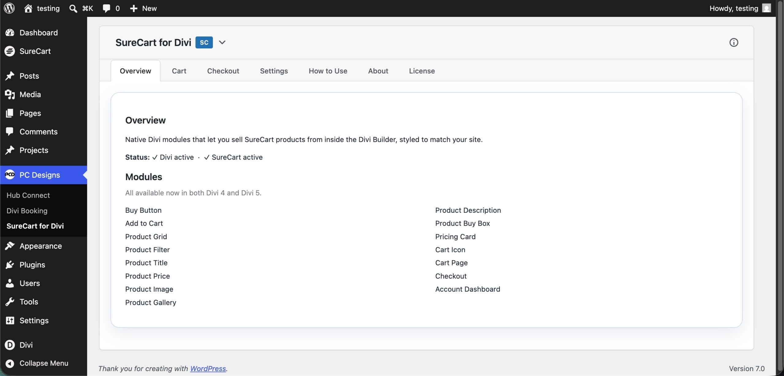 SureCart for Divi admin overview SureCart for Divi admin overview showing all modules