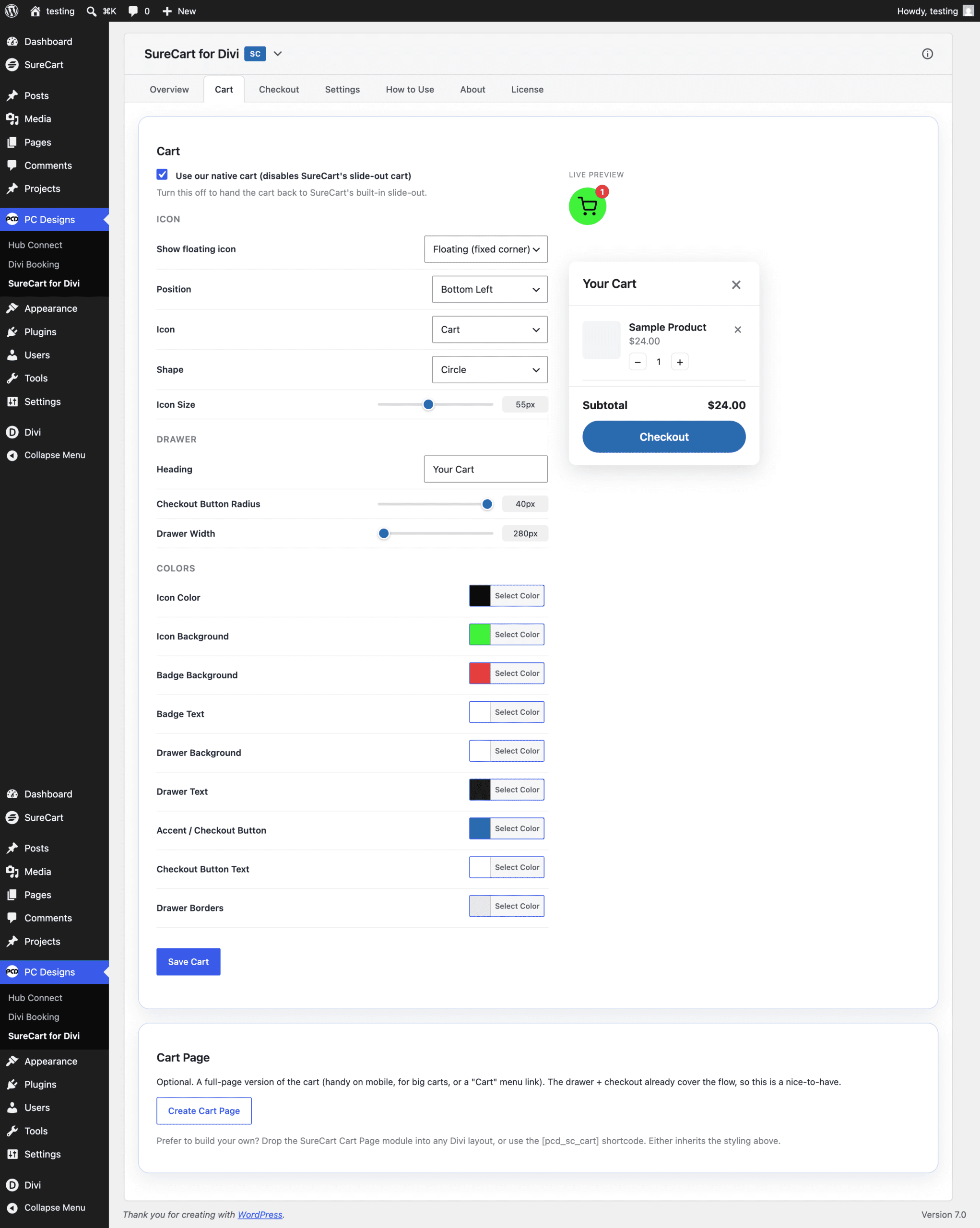 Cart styling with live preview Cart drawer styling settings with a live preview