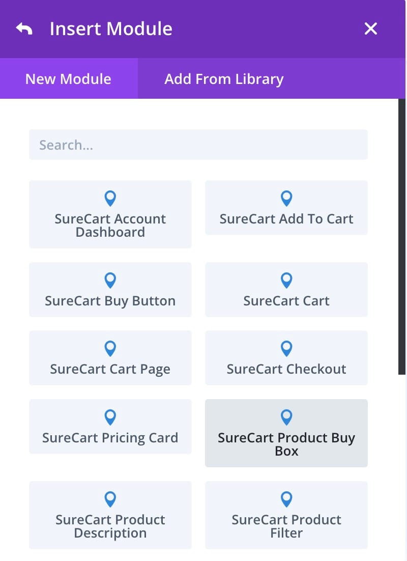 SureCart module picker SureCart modules in the Divi Builder module picker