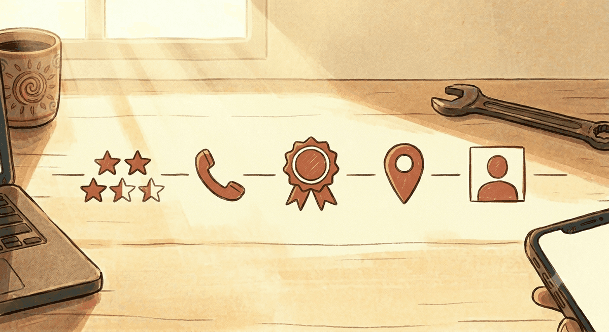 Five trust elements in a row: a five-star rating, a phone icon, a license badge, a service-area map pin, and a customer photo