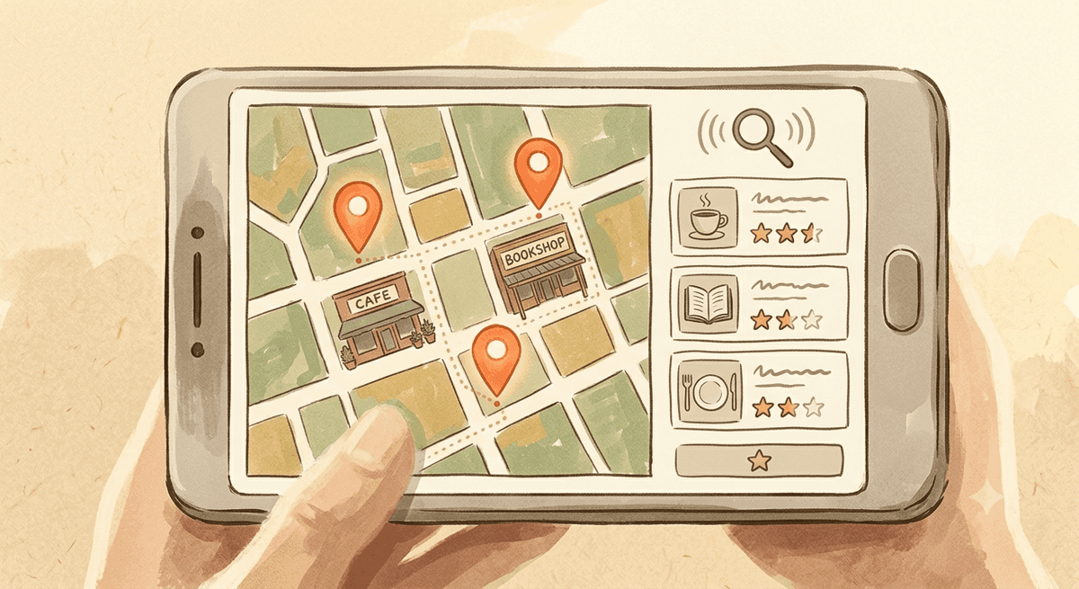 Phone showing a local map with three highlighted business pins in a stacked list, representing the Google map pack