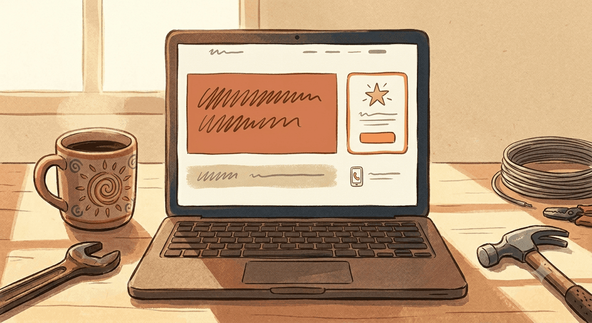 Website hero section with a bold headline area, short subline, one clear call-to-action button, and a phone icon