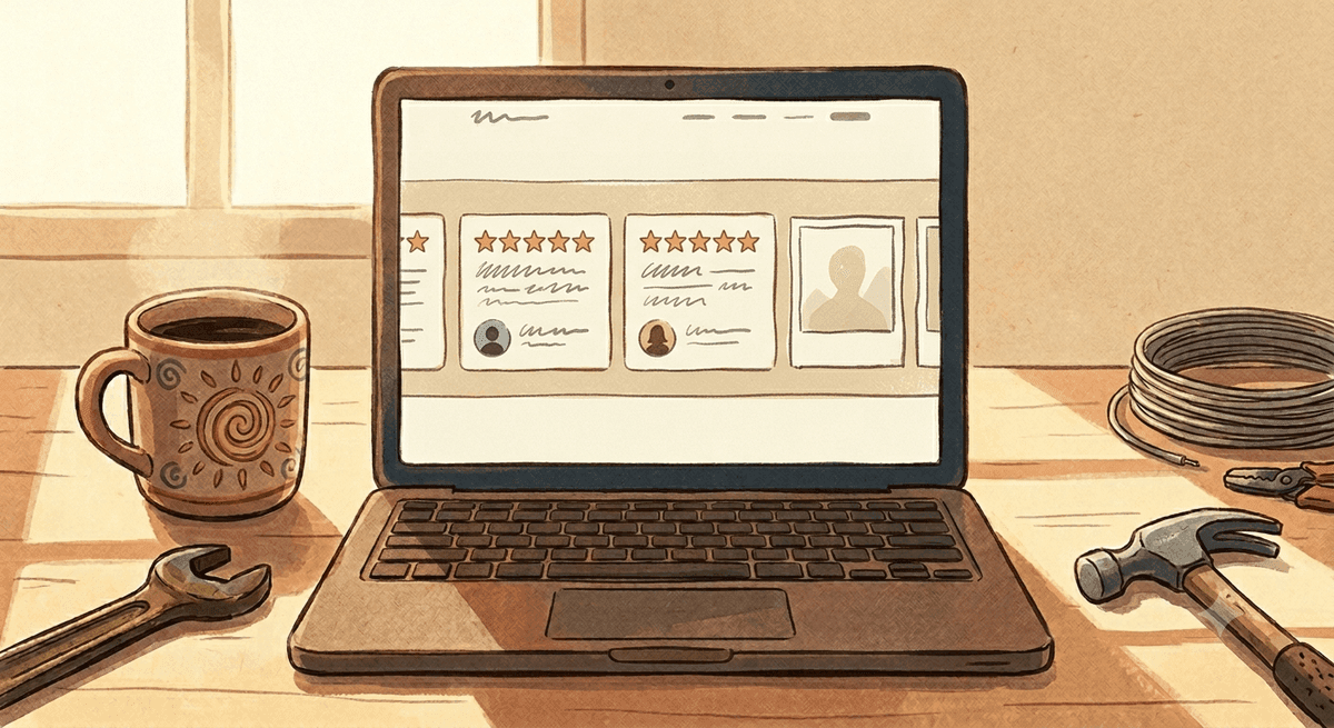 Homepage proof section with a row of five-star review cards and real customer photo placeholders
