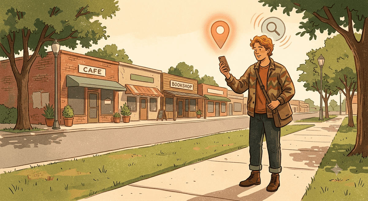 near-me-searches-dfw-service-business Person on a DFW sidewalk holding a phone with a glowing map pin and a near me local search result above it