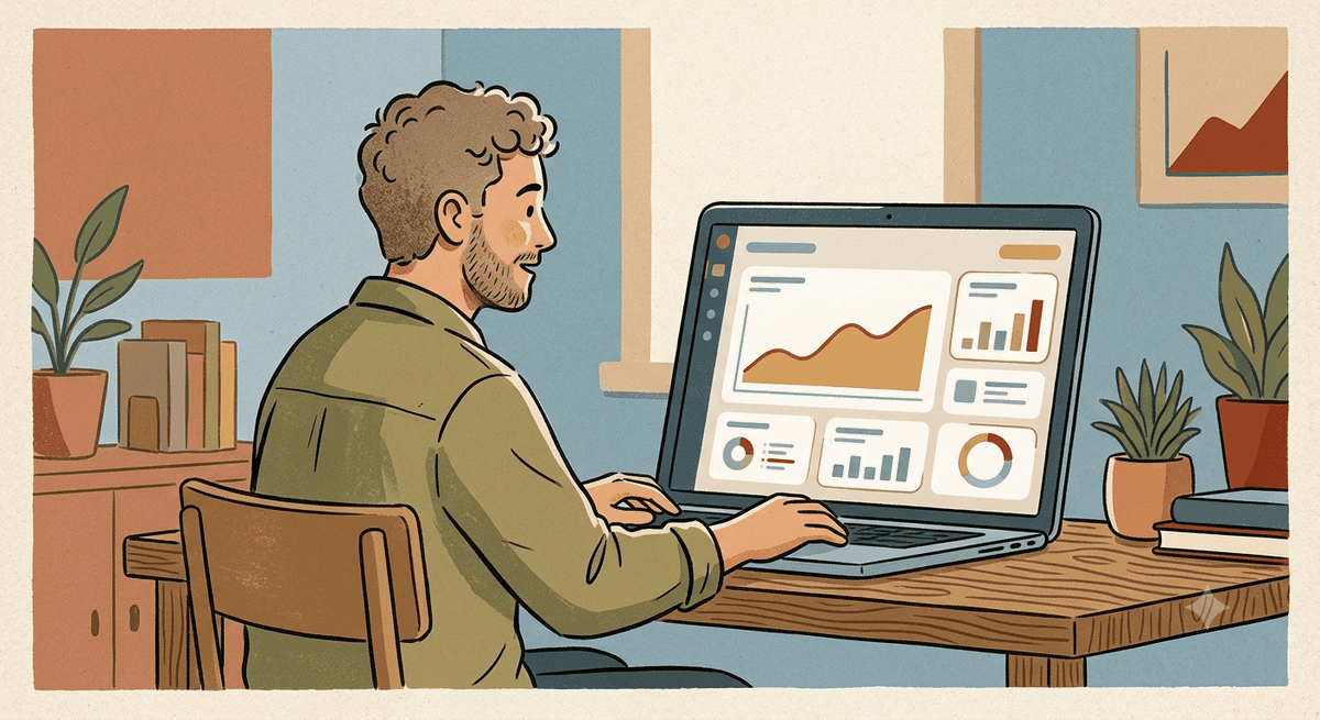 Business owner reviewing an analytics dashboard tracking AI search visibility and rising traffic