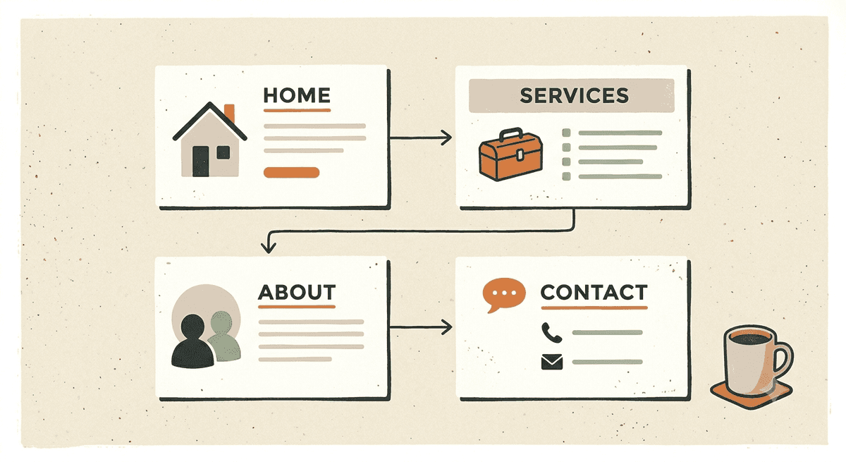 Core pages of a service business website shown as connected cards: home, services, contact, and about