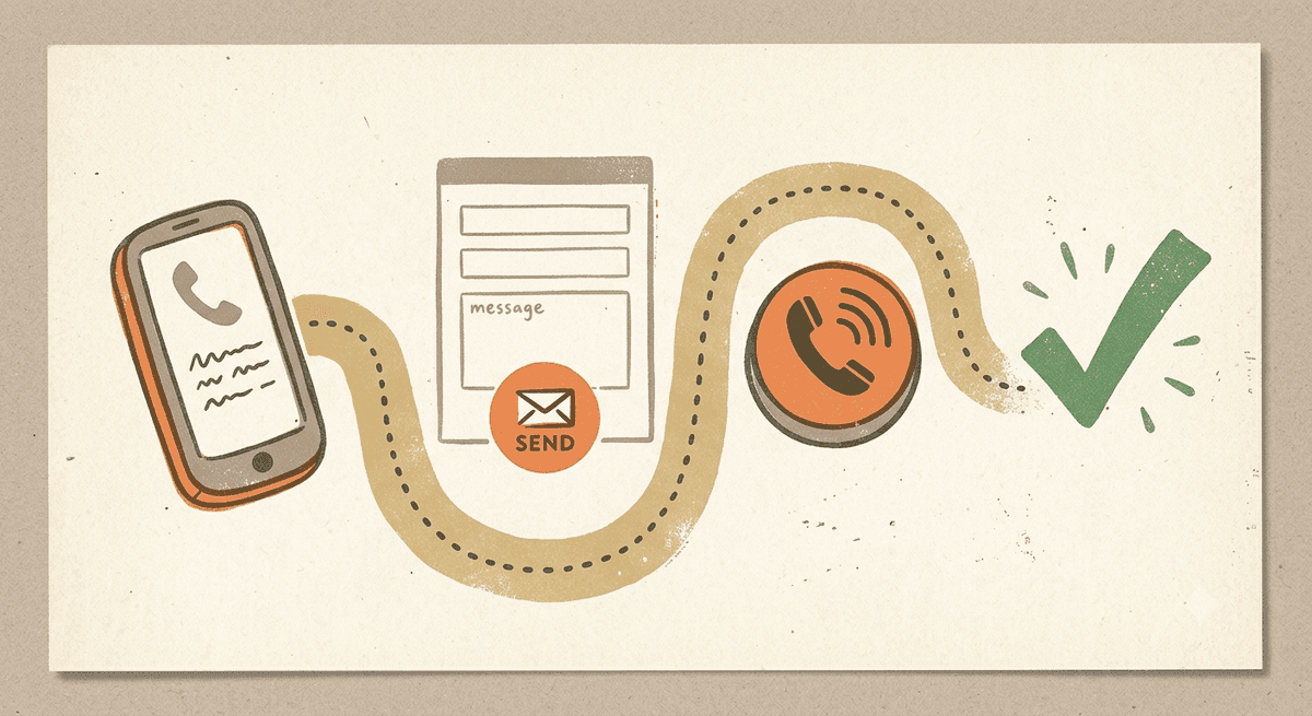 How a website turns a visitor into a contact: a phone, a short contact form, and a click-to-call button leading to a checkmark