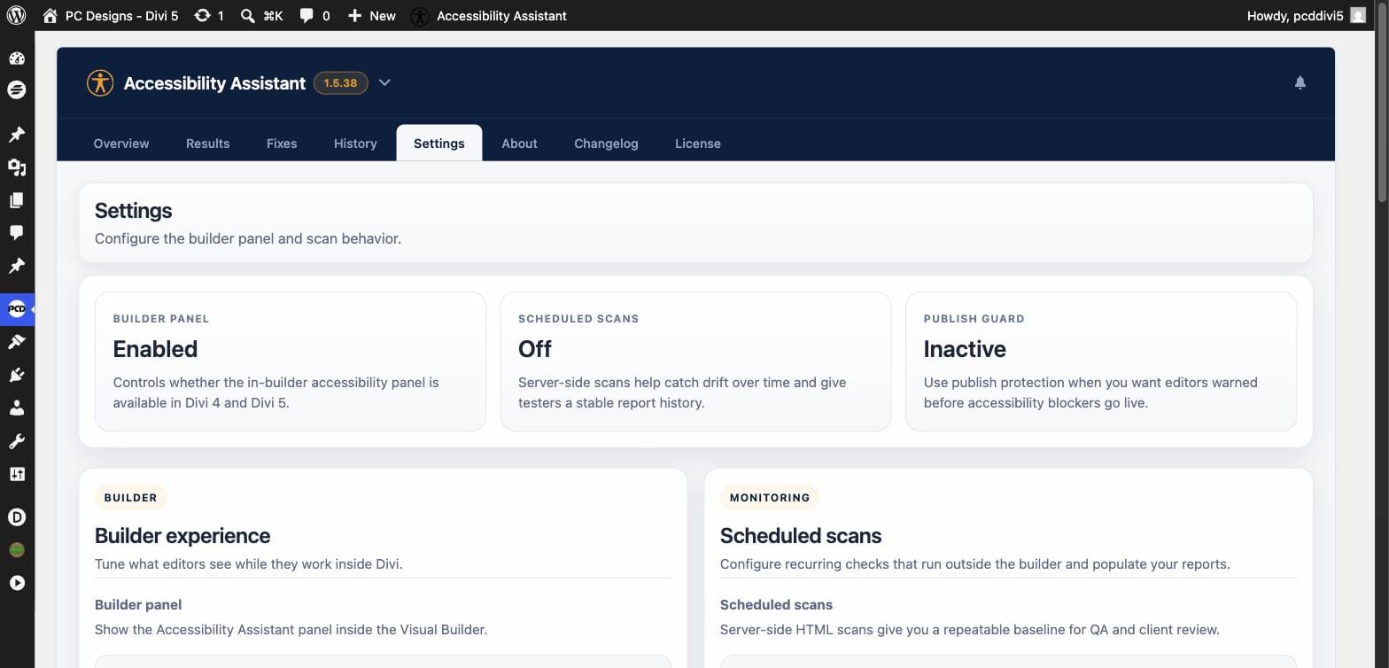 Accessibility Assistant settings screen showing builder panel, scheduled scans, and Publish Guard options