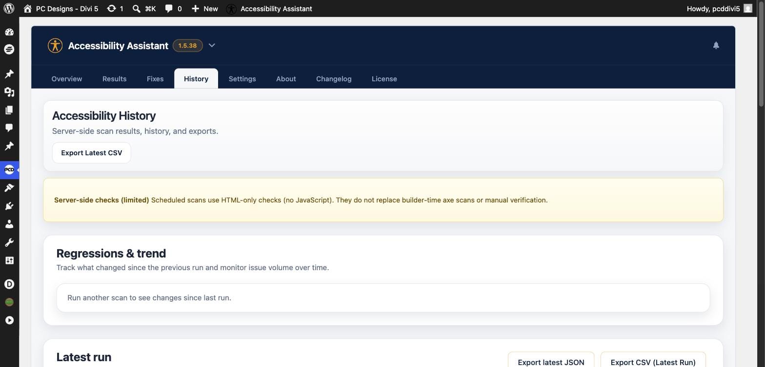 Accessibility Assistant history screen with regression tracking and CSV and JSON exports