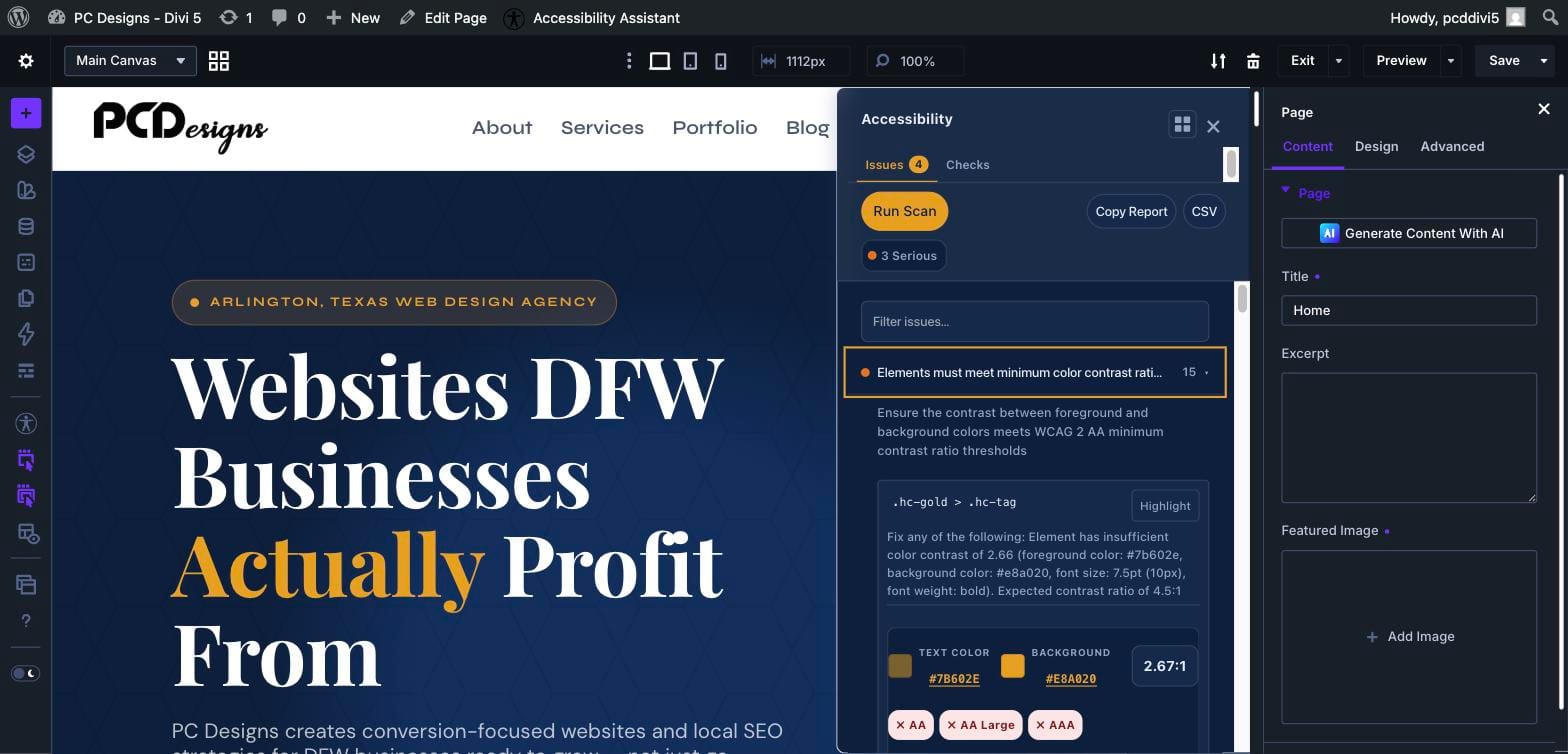 Accessibility panel showing a color-contrast issue with WCAG AA pass-fail badges in the Divi Visual Builder