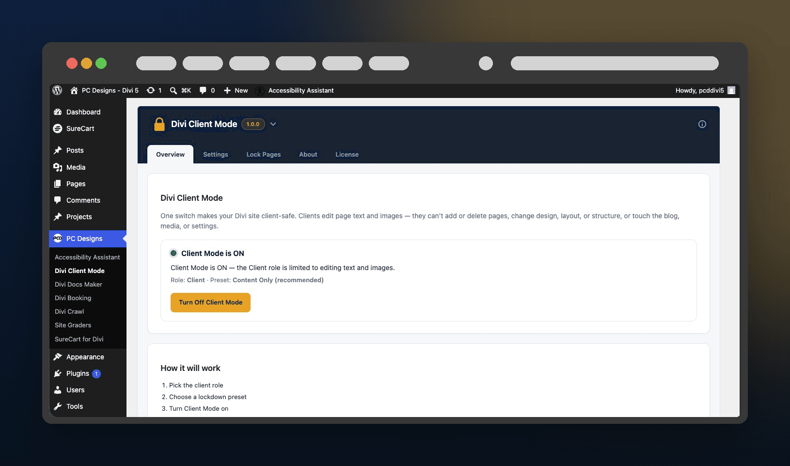 The Divi Client Mode admin screen showing Client Mode is ON
