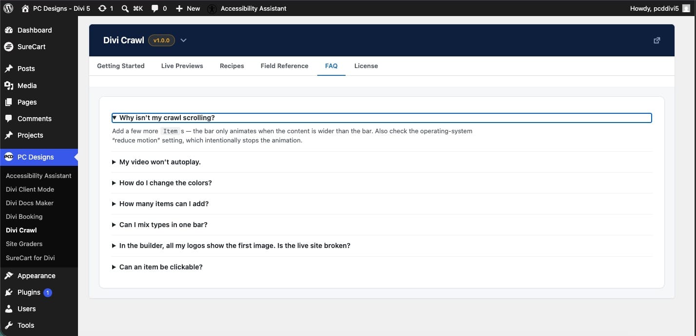 Divi Crawl FAQ inside the plugin Divi Crawl FAQ inside the plugin