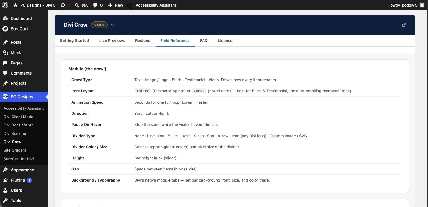 Divi Crawl field reference listing every module control Divi Crawl field reference listing every module control
