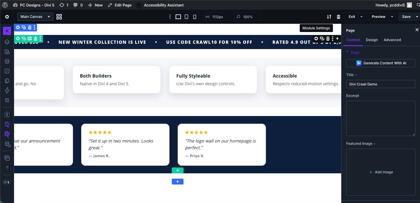 The Divi Crawl module on a page in the Divi 5 Visual Builder The Divi Crawl module on a page in the Divi 5 Visual Builder