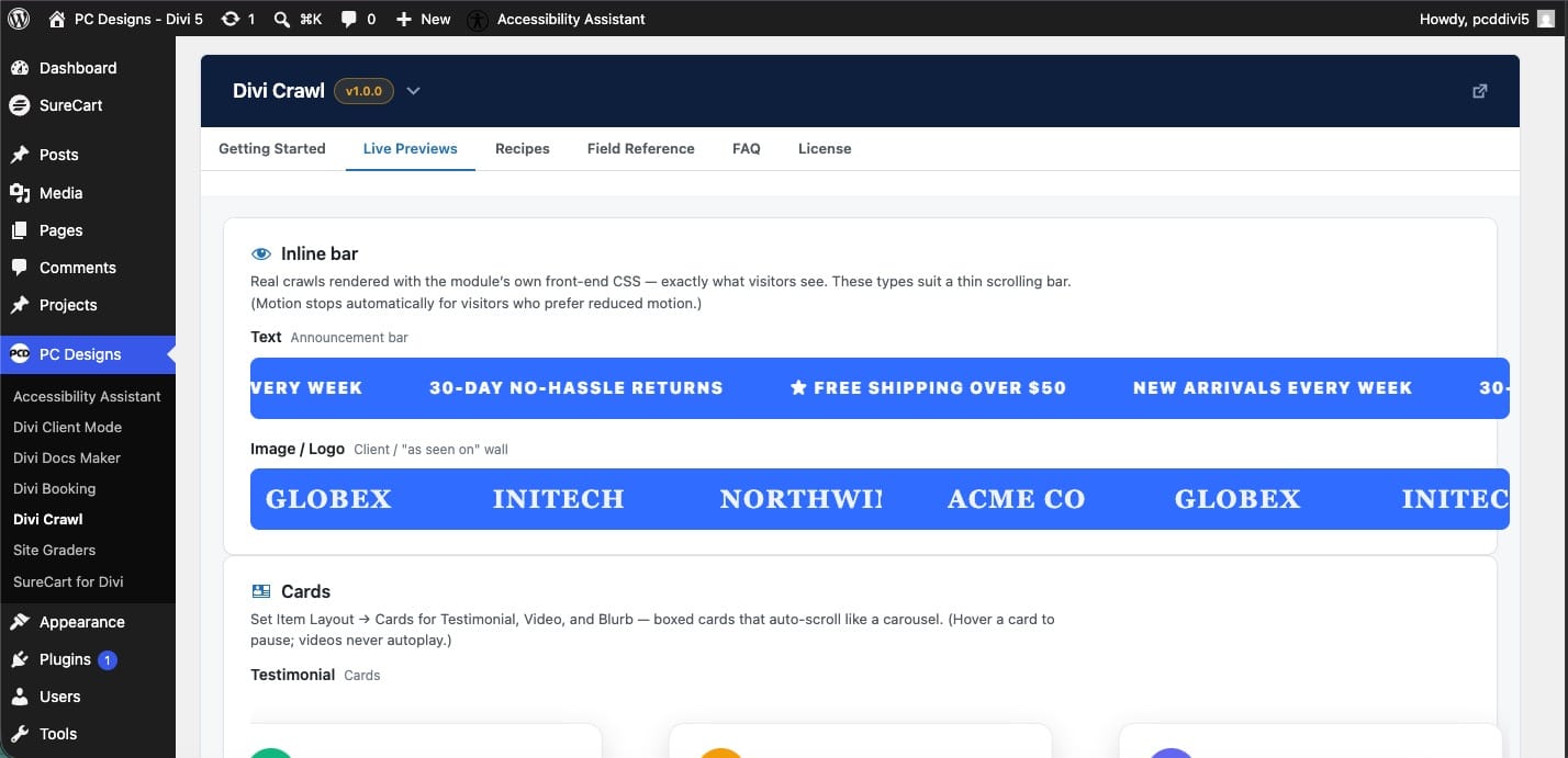 Scrolling announcement bar and logo wall previews in Divi Crawl Scrolling announcement bar and logo wall previews in Divi Crawl