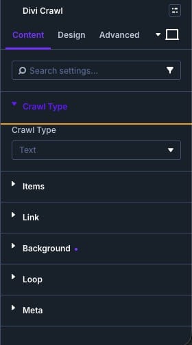 The Divi Crawl settings panel The Divi Crawl settings panel