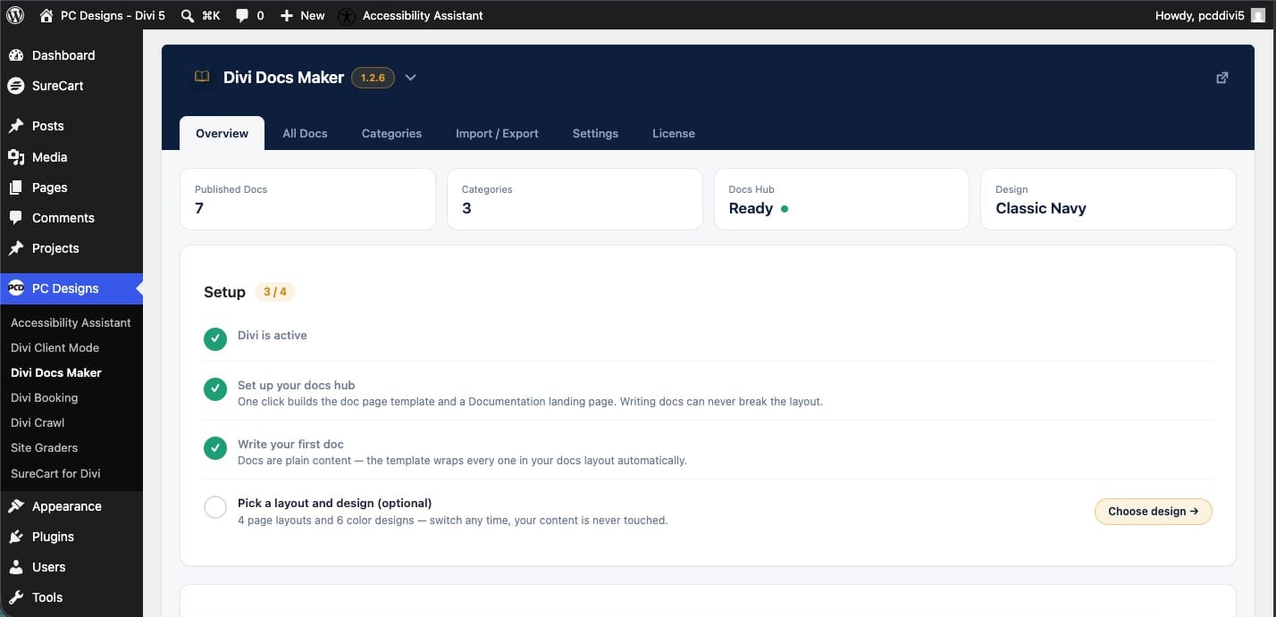 The Divi Docs Maker overview dashboard The Divi Docs Maker overview dashboard
