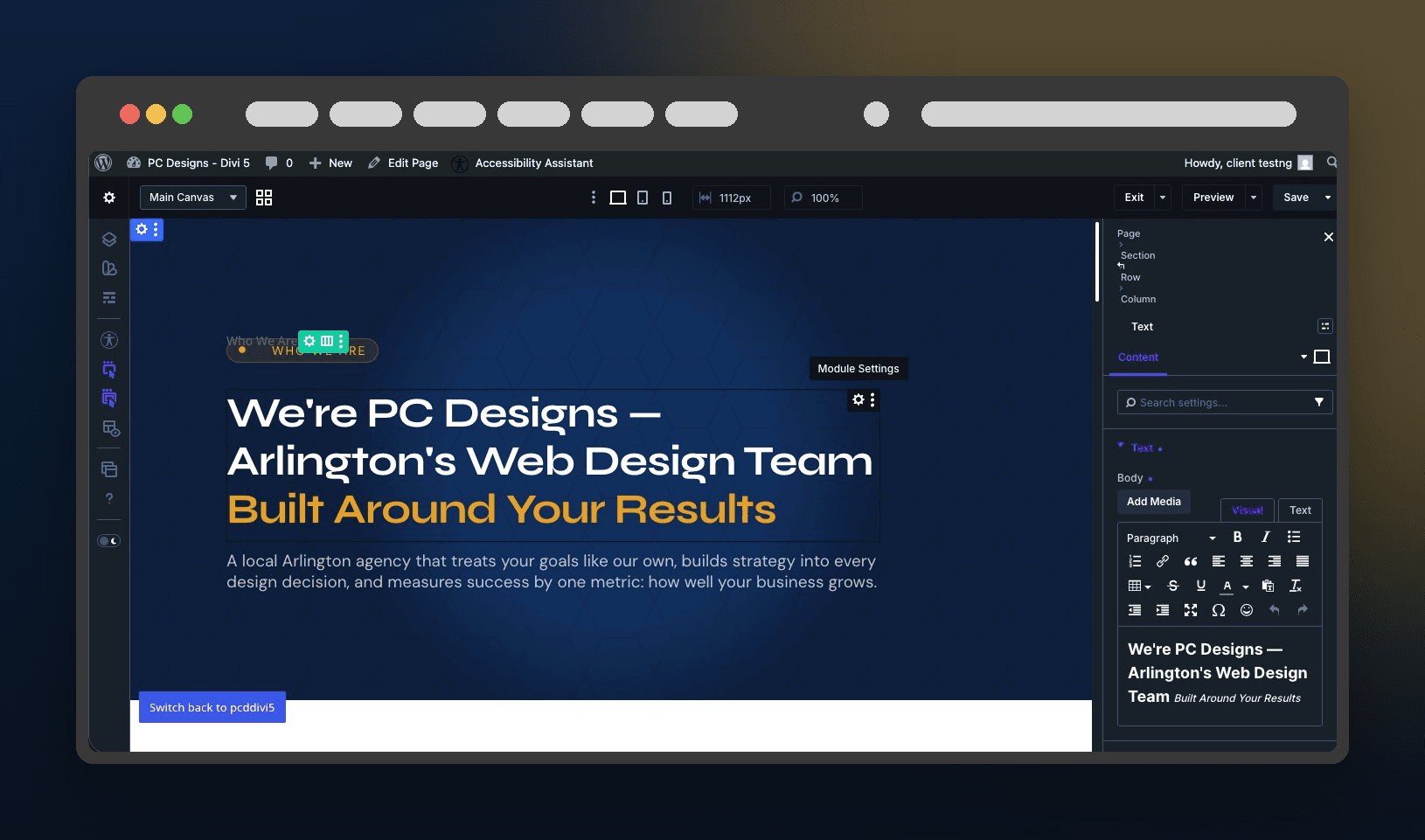 A Divi module showing only the Content tab, with Design and Advanced locked