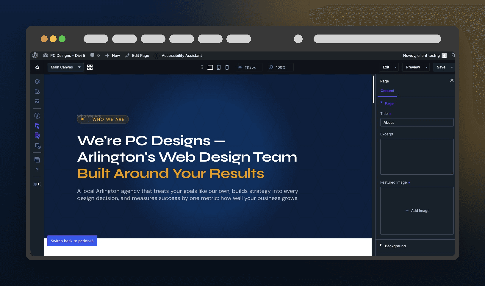 The Divi builder with the page settings panel